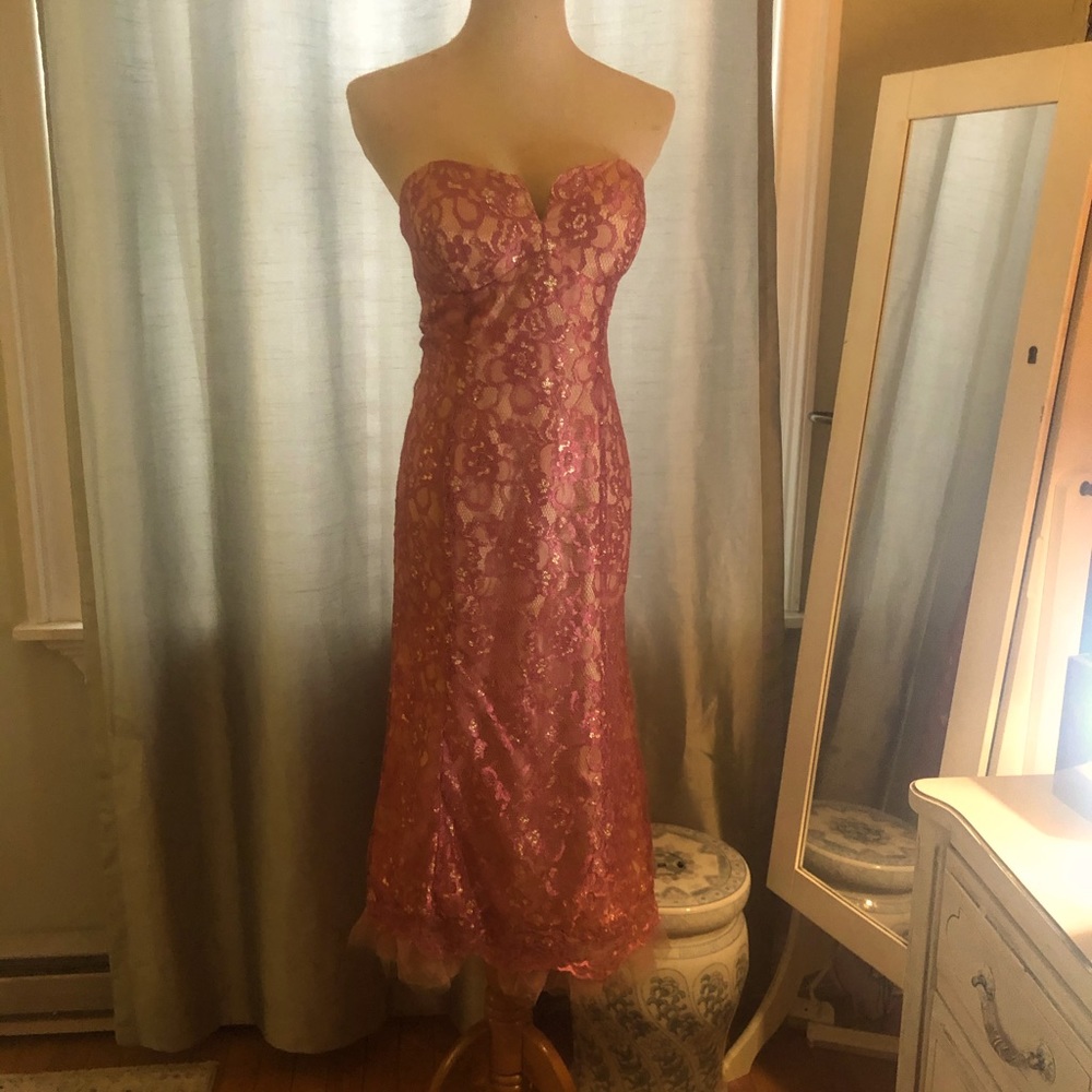Tanya Taylor pink peach gold lace strapless dress